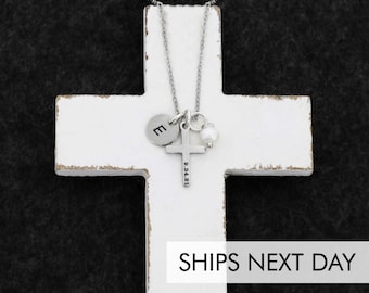 Cross Gift • Custom Baptism Gift • Christian Cross Jewelry • First Communion Necklace • Little Girls Baptism Necklace • Date Baptized Pastor