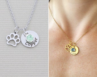Pet Lover Gift • Pawprint Charm • Personalized Name Birthstone Crystal Necklace • Dog Paw Cat Lover • Pet Loss Animal Gift • Pet Memorial
