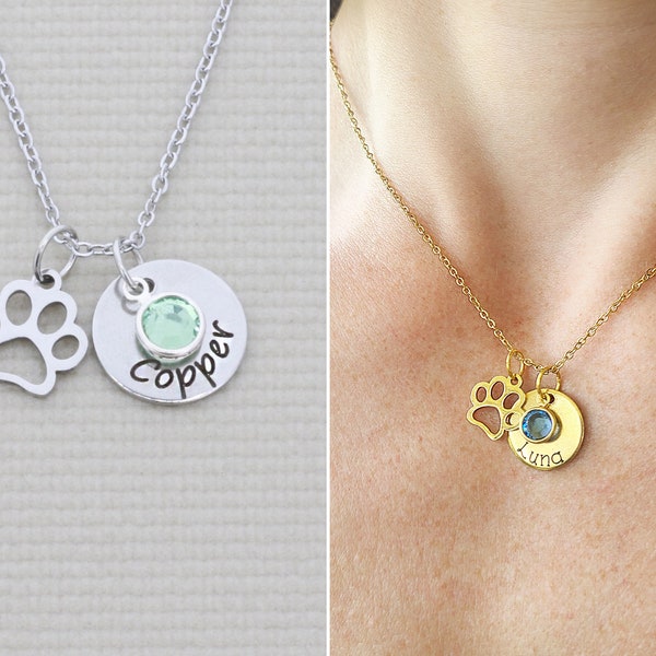 Pet Lover Gift • Pawprint Charm • Personalized Name Birthstone Crystal Necklace • Dog Paw Cat Lover • Pet Loss Animal Gift • Pet Memorial