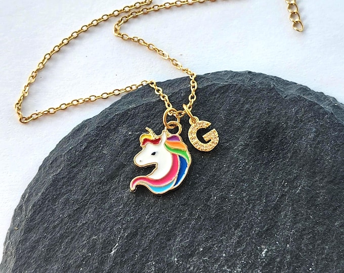 Personalized Unicorn Initial Necklace - Rainbow Horn Mythical Charm