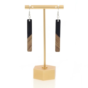 Wood Earrings Black White Wooden Dangle Bar Earrings Natural Geometric Chevron Rectangle Drop Long Everday Wear Gold Ear Wires Walnut