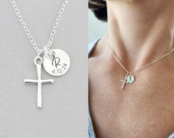 Custom Cross Necklace • Sterling Silver Girls Baptism Gift • Christian Jewelry • First Communion Necklace • Personalized Simple Pastor Gift
