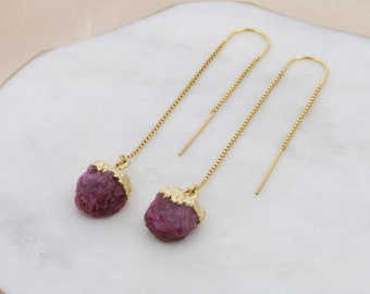 Valentine Gift Ruby Earrings Gemstone Threader Gold Rose Gold Dangle Earrings Red Jewelry Romantic Gift Wedding Jewelry Bridesmaid Earrings