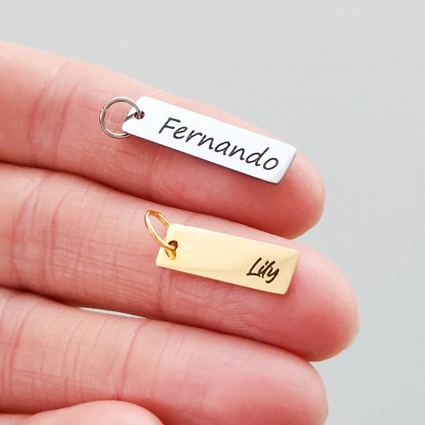 Custom Engraved Bar Charm • Add On Name Date 1" Bar • Gold Rectangle Tag • Silver Bar • Personalized Vertical Laser Engraved Stainless Steel