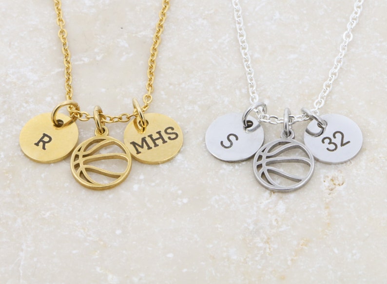 High School Sports Basketball Necklace Sports Mom Varsity Team Gift Coach Jewelry Womens NCAA Fan Jewelry Gold Outline Girls Team image 3