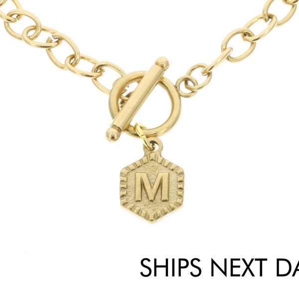 Toggle Chain Gold Initial Charm Necklace • Friend Gift • Sister Necklace • Hexagon Shape Double Side • Gold Letter Necklace Toggle Clasp