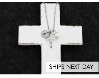 Cross Gift • Custom Baptism Gift • Christian Cross Jewelry • First Communion Necklace • Little Girls Baptism Necklace • Date Baptized Pastor