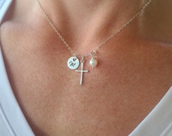 Custom Cross Necklace • Sterling Silver Christian Cross Gift • Girls Baptism Gift • First Communion Necklace • Pastor Gift • Simple Cross