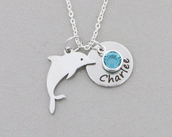 Dolphin Necklace • Ocean Lover Gift • Little Girls Gift • Hawaiian Tropical Jewelry • Dolphin Lover • Custom Name Birthstone Party Favor