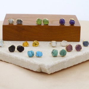Gemstone Stud Earrings - 18K Gold Sterling Silver Natural Rough Stone - Bridesmaid Gift - Ruby Emerald Peridot Sapphire - Gold Post