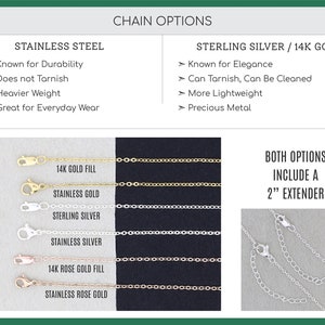 DistinctlyIvy chain options showing facts on sterling vs stainless silver and 14K gold filled vs stainless gold. Picture shows six chain ends- lobster clasps in silver, gold, and rose gold. Second photo shows chain extender.