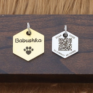 Scannable Dog Tag Pet ID Charm QR Code Included Contact Info Custom Hex Scan Me Gold Name Number New Puppy Microchipped ID Tag
