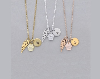 Personalized Pet Memorial Necklace: Angel Wing, Pawprint Charm