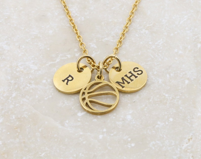 High School Sports Basketball Necklace Sports Mom Varsity Team Gift Coach Jewelry Womens NCAA Fan Jewelry Gold Outline Girls Team image 6