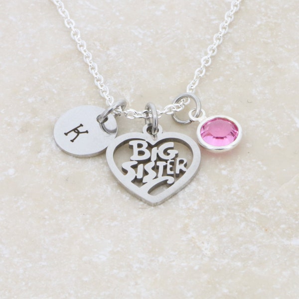 Big Sister Necklace • New Baby Sibling Little Sis Middle • Sorority Sister Gift • Girls Heart Charm Jewelry • Daughter Initial Valentine