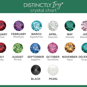 DistinctlyIvy Swarovski crystal chart including January, February, March, April, May, Jun, July, August, September, October, November, December, Black, and Pearl with dark green border.