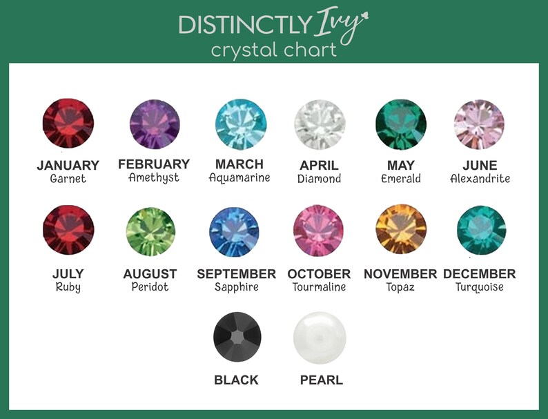 DistinctlyIvy Swarovski crystal chart including January, February, March, April, May, Jun, July, August, September, October, November, December, Black, and Pearl with dark green border.