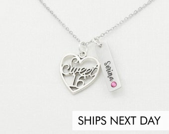 Sweet 16 Necklace • Girl Birthday Gift • Teenage Girl Gift • Personalized Pink Birthstone • Granddaughter Gift • Teen 16th Birthday Heart