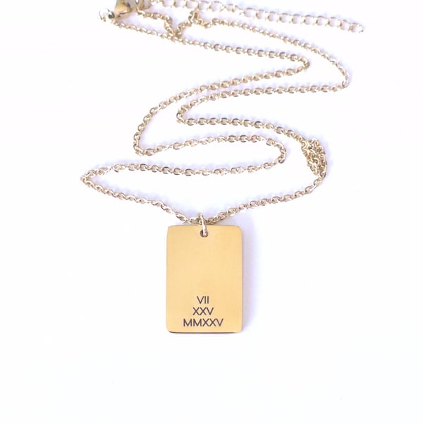 Roman Numeral Date Necklace: Custom Engraved Rectangle Charm