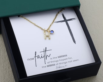 Religious Gift Necklace for Christian :Gold CZ Initial Necklace, Custom Birthstone