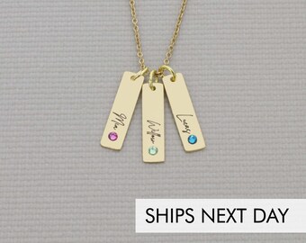 Personalized Vertical Bar Name Necklace • Mom Necklace • Mothers Day Gift • Skinny Gold Bar Tag • Custom Name Bar • Birthstone Bar Child Kid