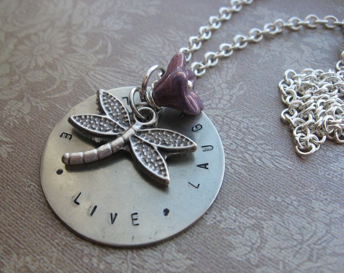 Live Laugh Love Handstamped Necklace, Dragonfly, Pink, Silver, Metal
