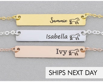 Horse Necklace • Little Girl Gift • Pet Pony Farm Animal • Custom Horse Jewelry • Personalized Name Waterproof Bar Necklace • Riding 4H