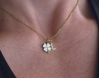 White Shamrock Necklace: St Patricks Day March Lucky Charm