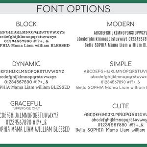 Puede incluir: Un fondo blanco muestra seis opciones de fuente: Block, Modern, Dynamic, Simple, Graceful y Cute. Cada fuente se muestra con el alfabeto, n&uacute;meros y texto de ejemplo: Bella SOPHIA Mama Liam william BLESSED.