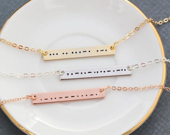 Morse Code Necklace • Silver Morse Code Bar • Bridesmaid Gift Rose Gold Morse Bar Necklace • Romantic Gift Secret Message Morse • QQQ