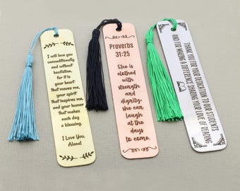 Metal Bookmark Religious Gift: Silver Copper Brass Custom Quote with Colorful Tassel