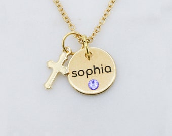 Personalized Girls Cross Necklace: Baptism Gift, Custom Name & Birthstone
