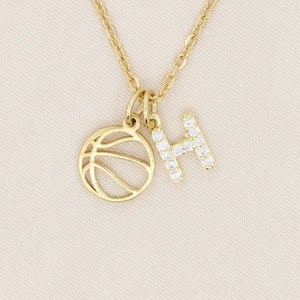 Personalized Basketball Necklace Sports Mom CZ Initial Pave Crystal Gold Coach Jewelry Team Gift Gold Basketball Outline Player Gift
