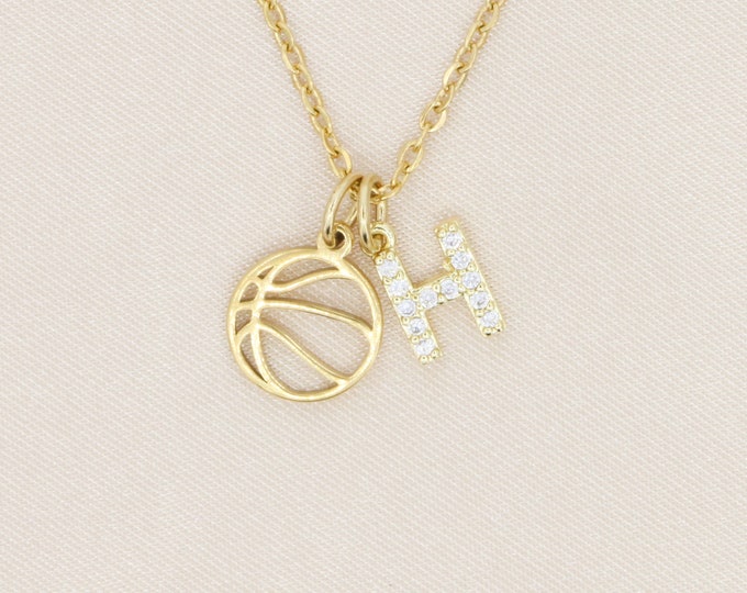 Personalized Basketball Necklace Sports Mom • CZ Initial Pave Crystal Gold • Coach Jewelry Team Gift • Gold Basketball Outline Player Gift