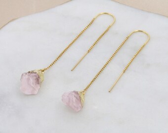 Rose Quartz Gemstone Threader Earrings Valentine Gift Gold Sterling Silver Round Ear Wires Natural Stone October Pink Bridesmaid Gift