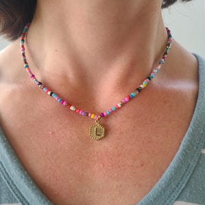 May include: A colorful beaded necklace with a gold pendant featuring the letter "L".