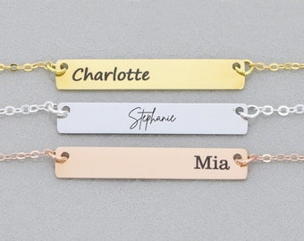 Custom Bar Necklace Waterproof Double Sided Personalized Engraved Name Necklace Layering Bar Gold Layered Jewelry Sister Gift Mom Gift