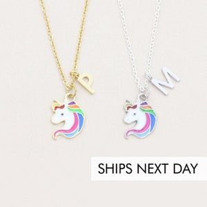 Personalized Unicorn Necklace • Neon Charm • Custom Gold Initial Girls Birthday Party Favor • Multicolored Mythical Magical Jewelry