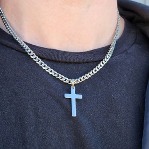 Mens Cross Necklace Boys Baptism Jewelry Boyfriend Gift Thick Curb Chain Religious Christian Gift Gold Chunky Youth Pastor Jewelry