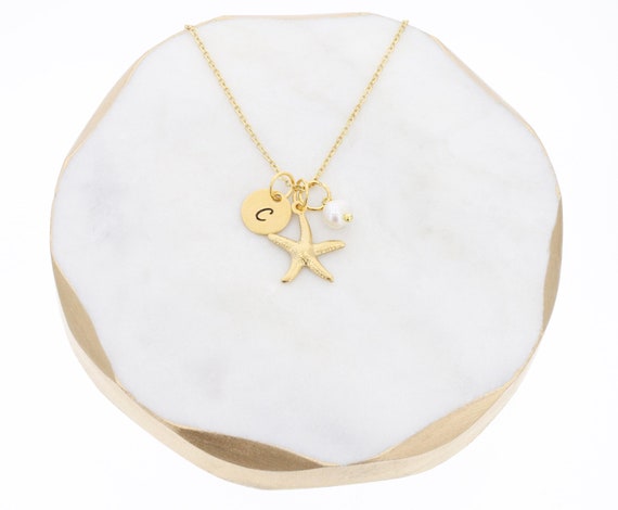 Starfish Charm Necklace, Custom Initial, Beach Vacation Jewelry