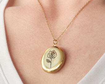 Gold Locket Necklace, Custom Engraved Photo Keepsake, Mother's Day Gift