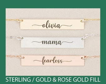 Gold Name Bar Necklace 14K Gold Fill Sterling Silver Horizontal Bar Mom Gift Elegant Custom Name Minimalist Layering Necklace Personalized