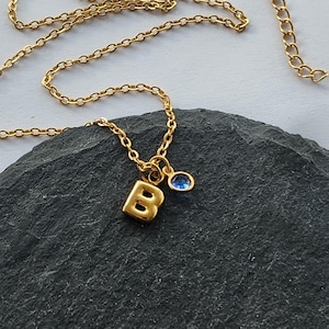 Collar con letra 3D y pequeña inicial, joyería minimalista de oro delicado, collar con letra pequeña de cristal de nacimiento, regalo para amigos.