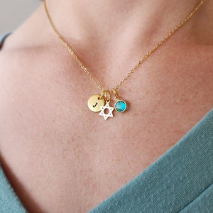 Star of David Necklace Jewish Religious Jewelry Bat Mitzvah Gift Personalized Initial Custom Birthstone Gold Minimal Hannukah Passover