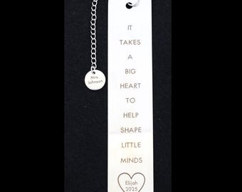 Personalized Teacher Bookmark: Engraved Stainless Steel, Charm Gift