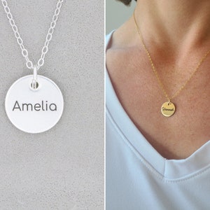 Gold Disc Name Necklace • Small Round Name Charm • Mothers Day Gift • Sterling Silver 14K Gold • Keepsake Jewelry • Dainty Half Inch Layered