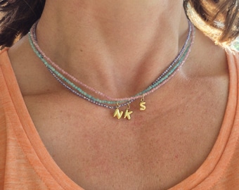 Gemstone Beaded Necklace with Custom Gold Bubble Initial Rainbow Multicolored