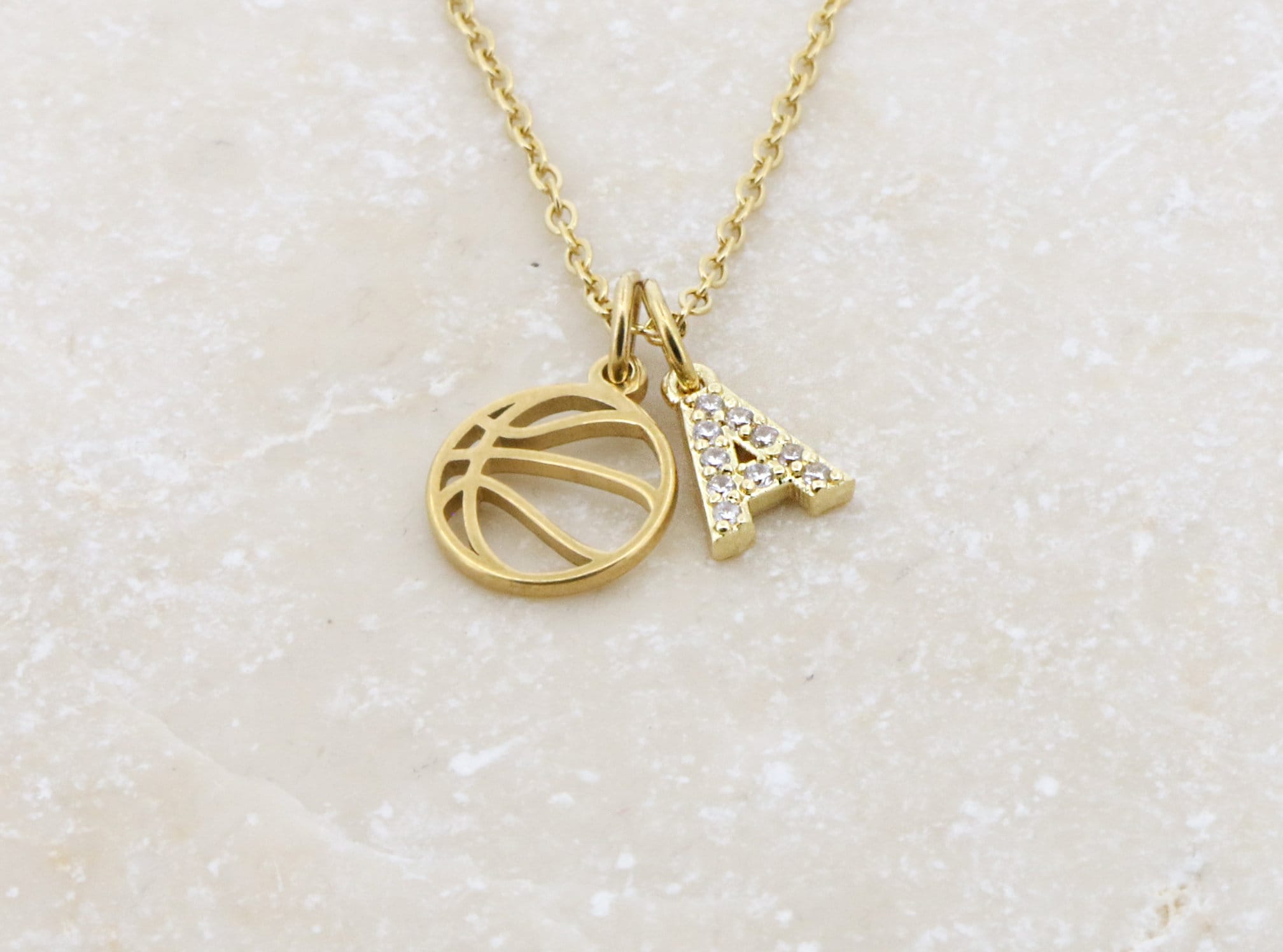 Personalized Basketball Necklace Sports Mom • CZ Initial Pave Crystal Gold • Coach Jewelry Team Gift • Gold Basketball Outline Player Gift