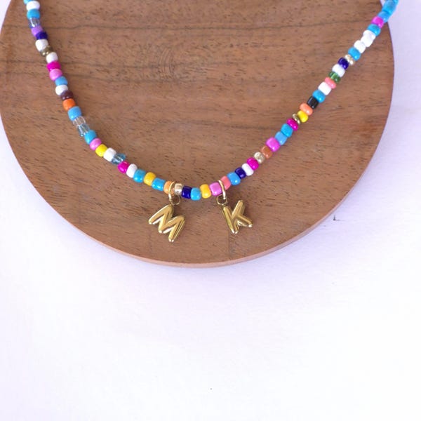 Beaded Initial Necklace: Rainbow Seed Beads, Gold Letter Charms