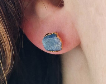 Sapphire Gemstone Earrings 18K Gold Stud Gem Post Earrings Sterling Silver Natural Stone Denim Dark Blue September Birthstone Something Blue